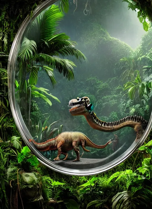 Prompt: a lush jungle matte painting inside a ornate glass jar, hyper realistic photo, 7 5 mm lens, studio lighting, filmic, jurassic world, t - rex, grey backdrop