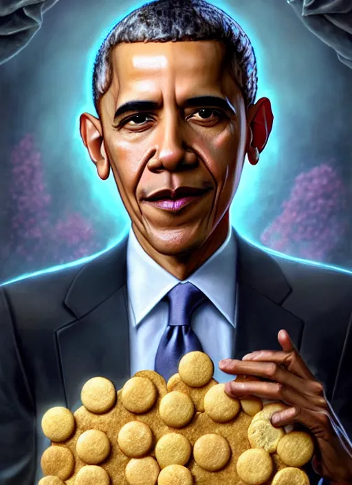 Image similar to highly detailed closeup portrait of obama as a fairytale medieval prince eating cookies, unreal engine, nicoletta ceccoli, mark ryden, lostfish, earl norem, global illumination, god rays, detailed and intricate environment