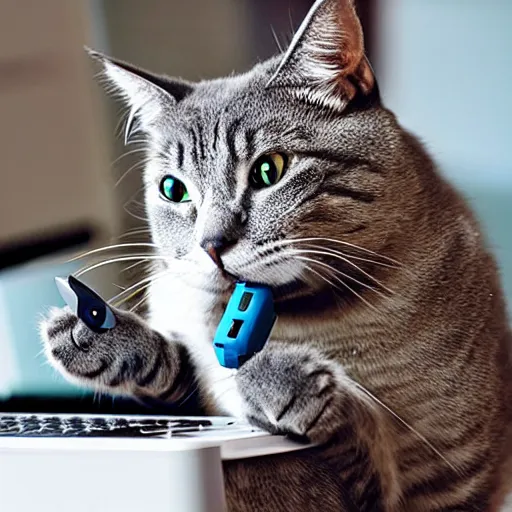 Image similar to robotic cat holding a computer mouse in his mouth