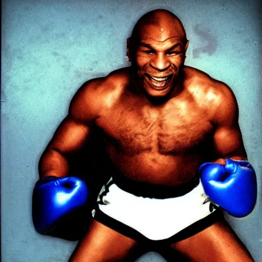 Image similar to polaroid image of mike tyson fighting a xenomorph in a boxing ring