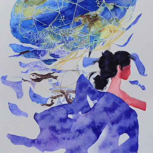 Image similar to our desperation, selfishness, and our effort to save the world and ourselves in the face of all this modernity stand before us like a lyrical blow of wind, watercolor and pen illustration, by caroline choi