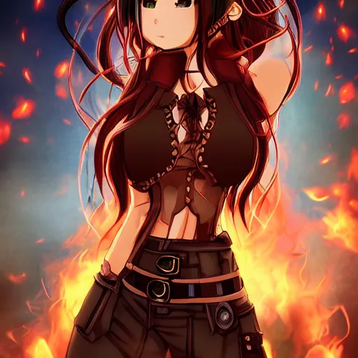 Image similar to steampunk beautiful anime woman, red shirt brown pants, black and blue hair, symmetrical face, symmetrical eyes, action scene, shooting fire war, detailed, summer setting, cinematic lighting