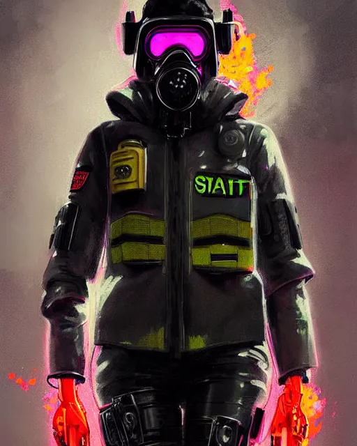 Image similar to detailed portrait neon female swat officer, cyberpunk futuristic, neon, gas mask, reflective puffy coat, decorated with traditional japanese by ismail inceoglu dragan bibin hans thoma greg rutkowski alexandros pyromallis nekro rene margitte, fire & smoke background, illustrated, perfect face, fine details, realistic shaded, fine - face, pretty face