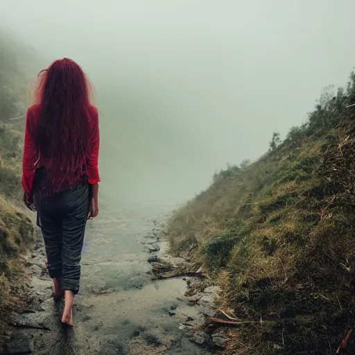 Image similar to define the character of a beautiful girl, messy long red hair, messy wet grey tribal clothes, short torn up pants, she is walking on a mountain and we see down in a deep valley a very poor old shanti town with wooden ruins, medieval time, heavy rain, late at night, mist, cinematic, 8 k,