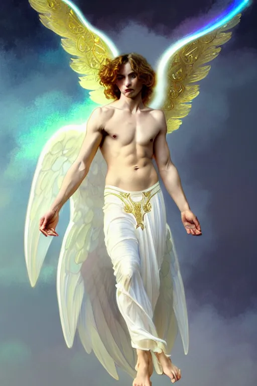 Prompt: fullbody portrait of a beautiful young fit male angel with curly blond hairs, dressed with long fluent clothes, majestic big wings, luminous halo, by greg rutkowski and alphonse mucha, gradient white to gold, in front of an iridescent background, highly detailed portrait, digital painting, artstation, concept art, smooth, sharp focus illustration