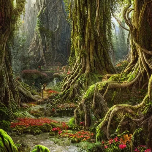 Image similar to a beautiful and highly detailed oil painting of an overgrown elven forest temple in the misty mountains, detailed plants and trees and flowers, intricate details, epic scale, insanely complex, 8 k, sharp focus, hyperrealism, fantasy landscape, psychedelic patterns, by caspar friedrich and james gurney,