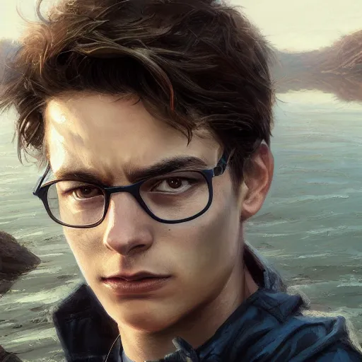 Image similar to peter parker closeup portrait, dramatic light, lake background, 2 0 0 mm focal length, painted by stanley lau, painted by greg rutkowski, painted by stanley artgerm, digital art, trending on artstation