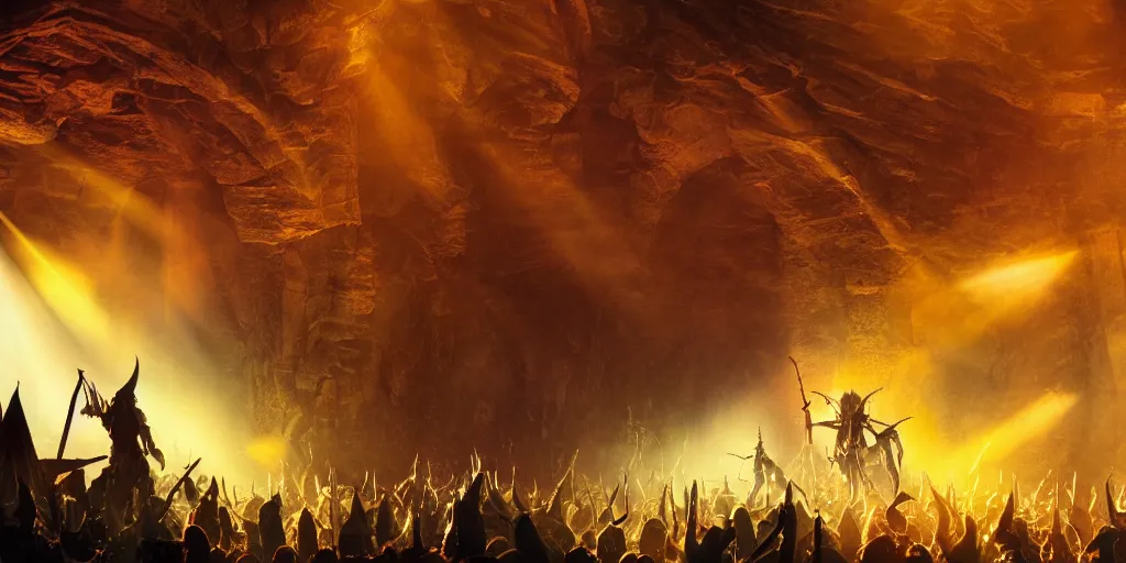 Image similar to ambience, atmosphere, sunbeams, concept art for sauron playing rock guitar concert to a crowd of orcs, lord of the rings, peter jackson, studio ghibli, detailed, realistic lighting, volumetric lighting, golden hour,