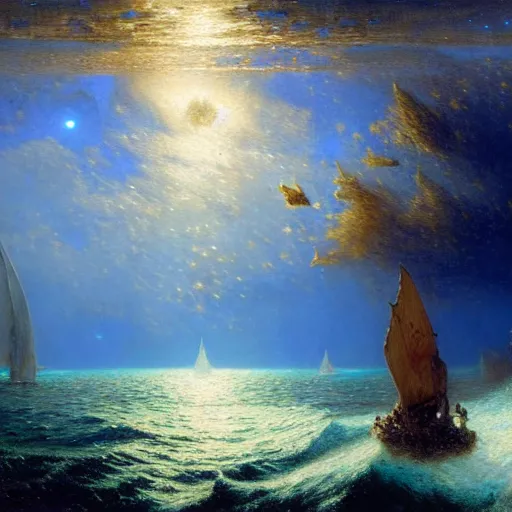 Image similar to point of view of deep in the ocean looking up, you see fishes, higher the milk way, night time, midnight. highly detailed painting by gaston bussiere, greg rutkowski 8 k