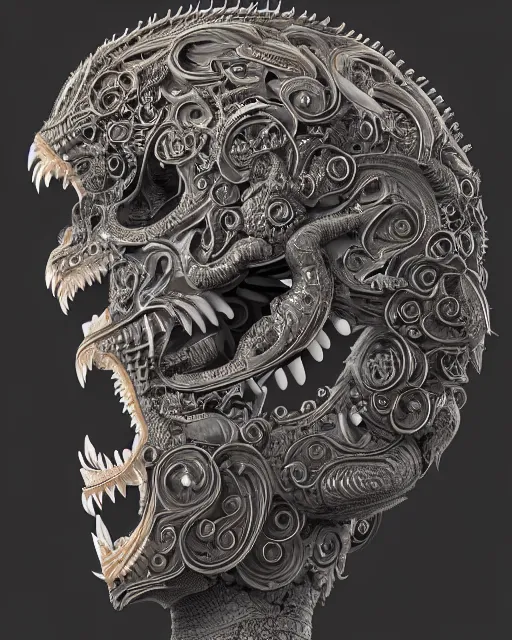 Image similar to 3 d ornate carved head with tattoos profile portrait, sigma 5 0 0 mm f / 5. beautiful intricate highly detailed quetzalcoatl skull. bioluminescent, plasma, lava, ice, water, wind, creature, thunderstorm! artwork by tooth wu and wlop and beeple and greg rutkowski, 8 k trending on artstation