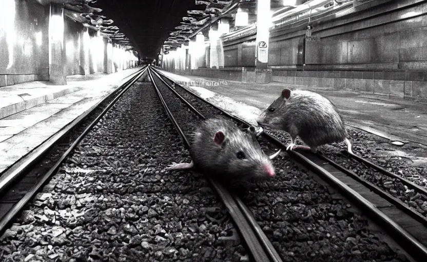 Prompt: giant mutant antropomorphic rat sitting on railways of tonnel of moscow subway. extreme high detail. photo by russos. dark and fear atmosphere.