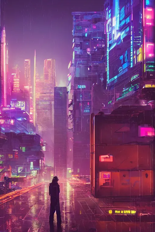 Image similar to a cyberpunk City with billboards, Hologramm and signs in a rainy night, bokeh on background, Skyline view from a rooftop, rendered by simon stålenhag, rendered by Beeple, Makoto Shinkai, syd meade, environment concept, digital art, starwars, raphael lacoste, eddie mendoza, alex ross, concept art, cinematic lighting, , unreal engine, 3 point perspective, WLOP, trending on artstation, low level, 4K UHD image, octane render,