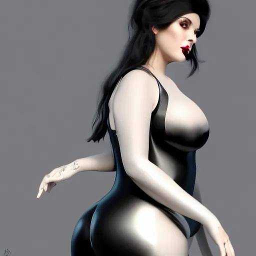 Image similar to portrait of a curvy feminine elegant pale goth woman with elaborate, elegant, tight black nylon and silver latex outfit, cgsociety, realistic, highly detailed, attractive, 16k, smooth, sharp focus, trending on ArtStation, hyperdetailed, volumetric lighting