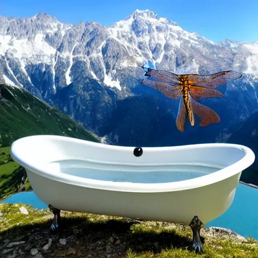 Image similar to dragonfly in a bathtub in the alps, sheep!!! in background