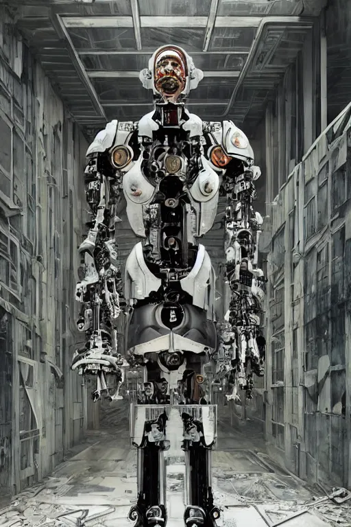 Image similar to cyborg with white and black ancestral ornate japanese tactical gear standing in an abandoned futuristic factory, long shot, by irving penn and storm thorgerson, ren heng, peter elson, alvar aalto, makoto shinkai