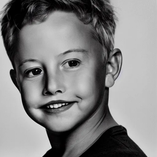 Prompt: a face portrait of elon musk at 6 years old. photography.