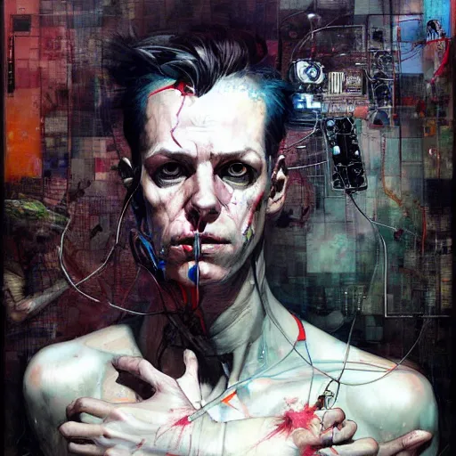 Prompt: male cyberpunk hacker dream thief, wires cybernetic implants, in the style of adrian ghenie, esao andrews, jenny saville,, surrealism, dark art by james jean, takato yamamoto