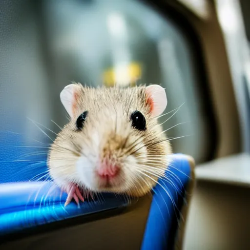 Image similar to detailed photo of a hamster, sitting on a seat in a train, various poses, wide shot, unedited, soft light, sharp focus, 8 k