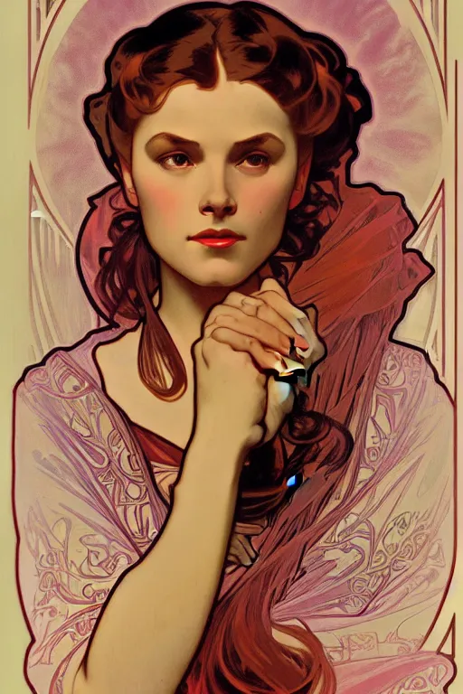 Image similar to scarlett o'hara, painting by alphonse mucha, detailed art, artstation