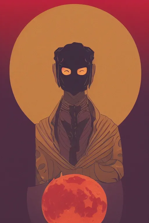 Image similar to portrait of a man with a mask on his face in the form of a spiral in a golden kimono, full face, against the background of a bright red moon, sad motif, ilya kuvshinov, dramatic, soft colors, futuristic, 8 k