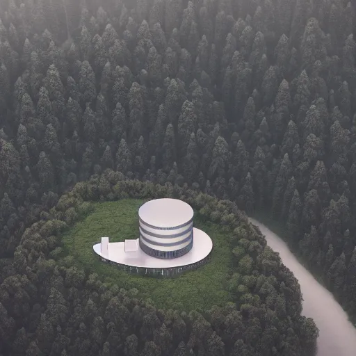 Image similar to An aerial photograph of a music-note-shaped building. The building is on top of a misty hill, photorealistic, highly detailed, sharp focus, smooth, octane render, 4K, digital art