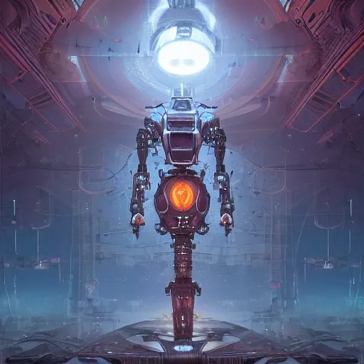 Prompt: a robot, mechanical, intrincate, cinematic lights, wires, volumetric, maximalist, fractal background, mechanical sci fi, horror, the end of the world, devotional, god, etheral, maximalist, cgscociety by marc simonetti and peter mohrbacher