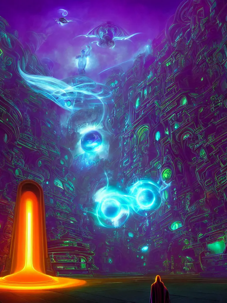 Image similar to entrance to matrix ethereal realm, shiva sentient, rendered in unreal engine, central composition, symmetrical composition, dreamy colorful cyberpunk colors, 6 point perspective, fantasy landscape with anthropomorphic terrain in the styles of igor morski, jim warren and rob gonsalves, intricate, hyperrealistic, volumetric lighting, neon ambiance, distinct horizon