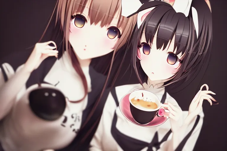 japanese catgirls caffe, dressed, symmetrical,, Stable Diffusion