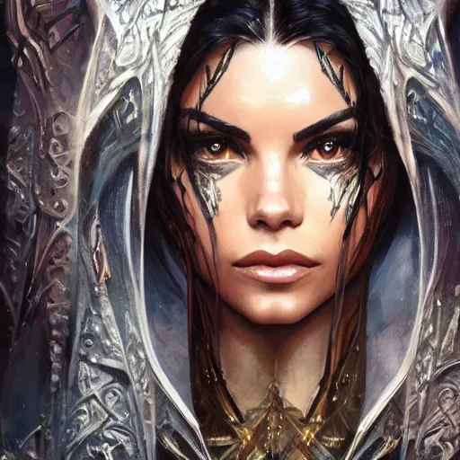 Image similar to a portrait of jenna dewan as a sorceress, upper half portrait, urban motifs, intricate, elegant, highly detailed, digital painting, trending on artstation, concept art, smooth sharp focus, illustration, art by artgerm and greg rutkowski