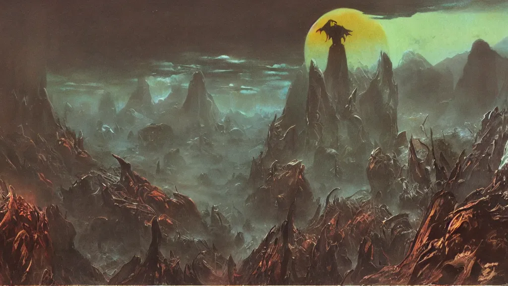 Prompt: surreal eerie alien planet empire, a creature emerges from the dark by frank frazetta and bruce pennington, cinematic matte painting