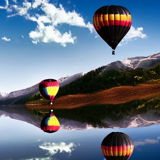 Image similar to photo of two black swans touching heads in a beautiful reflective mountain lake, a colorful hot air balloon is flying above reflecting off water, hot air balloon, intricate, 8k highly professionally detailed, centered, HDR, CGsociety