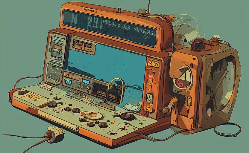 Prompt: old broken hand radio, james gilleard, print, game art