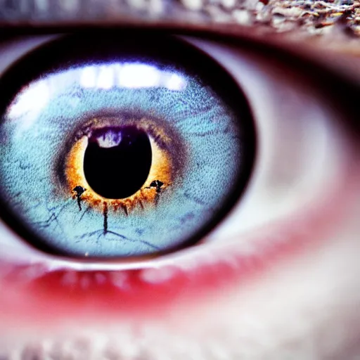 Image similar to macro shot of an intricately detailed eye with the apocalypse happening in the background