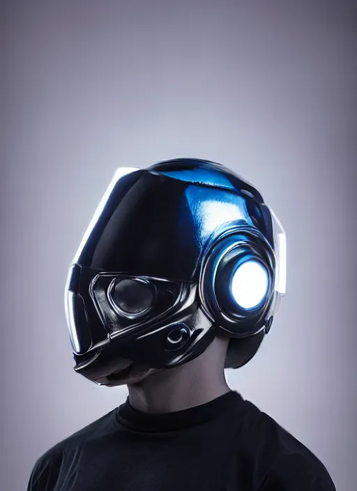 Prompt: Full-color Close upper body shot. Artistically angled streetwear attired subject. Professional studio streetwear portrait lighting. Wearing cool badass body-armor Technological DIY sci-fi helmet wearables designed by Ikeuchi Hiroto.