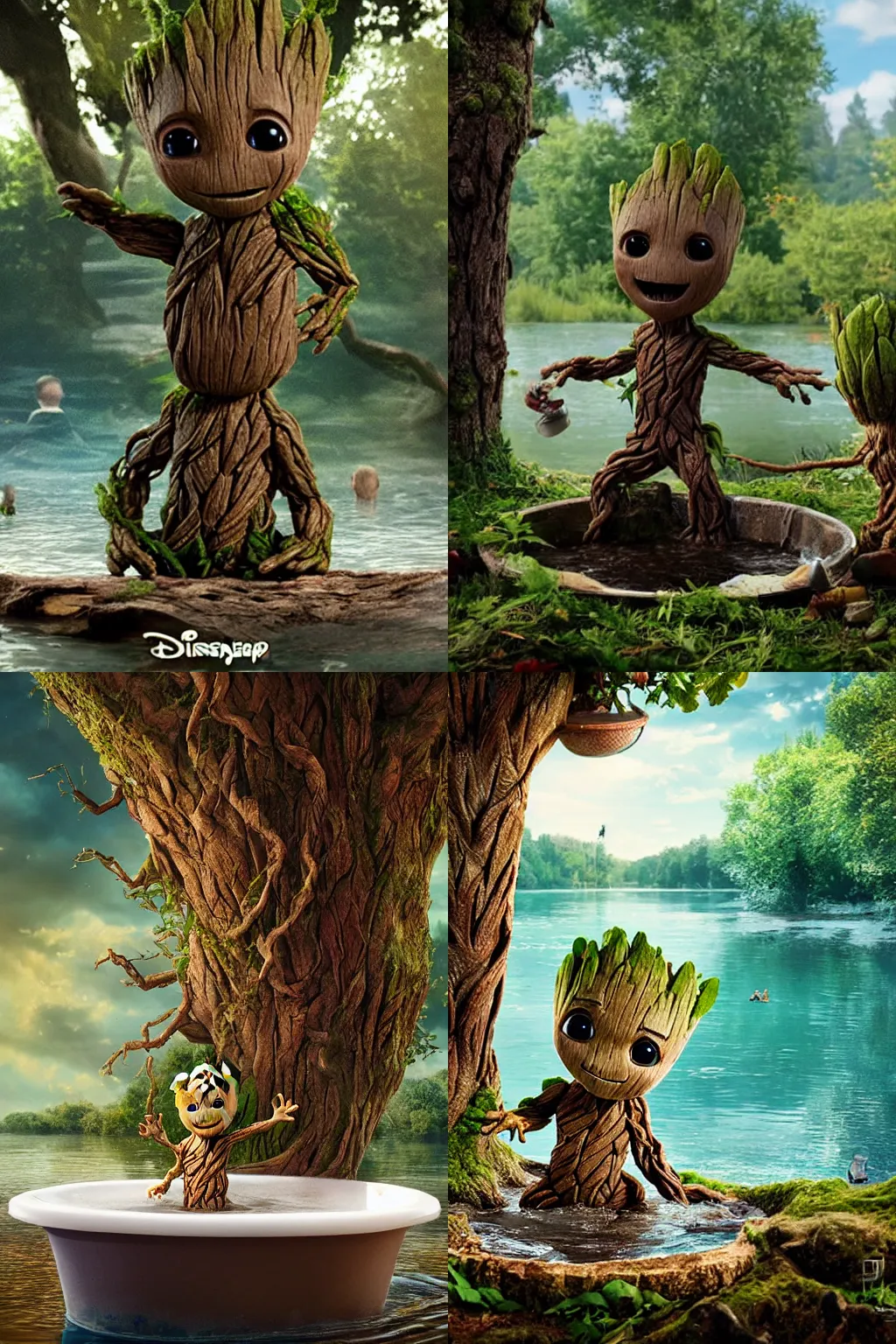 Image similar to little cute Groot takes a bath in the lake, against the backdrop of trees, poster, by disney plus