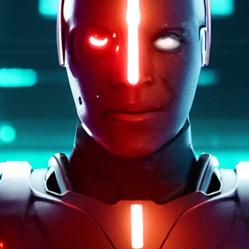 Prompt: movie still of cyborg with glowing third eye, cinematic composition, cinematic light, criterion collection, by square enix