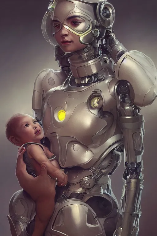 Image similar to ultra realistic illustration, robot woman carrying a baby + face, cyberpunk, sci - fi, fantasy, intricate, elegant, highly detailed, digital painting, artstation, concept art, smooth, sharp focus, illustration, art by artgerm and greg rutkowski and alphonse mucha