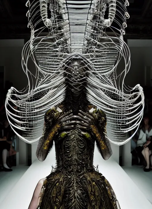 Image similar to walking down the catwalk, tim walker, show, stage, vogue photo, podium, fashion show photo, historical baroque dress dark, iris van herpen, beautiful woman, masterpiece, intricate, biopunk, vogue, full body shot, alien, plant predator, guyver, jellyfish, white biomechanical details, highly detailed