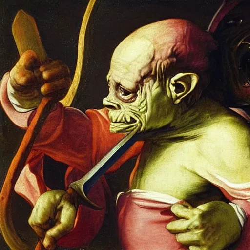 Image similar to renaissance painting of a goblin being slain by a sword, colorful