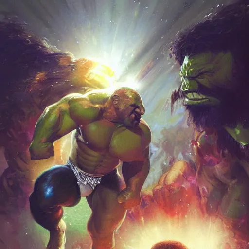 Prompt: the iron sheik breaking hulk hogan's back and making hulk hogan humble, radiant light, caustics, heroic, bright iridescent light, by gaston bussiere, bayard wu, greg rutkowski, maxim verehin