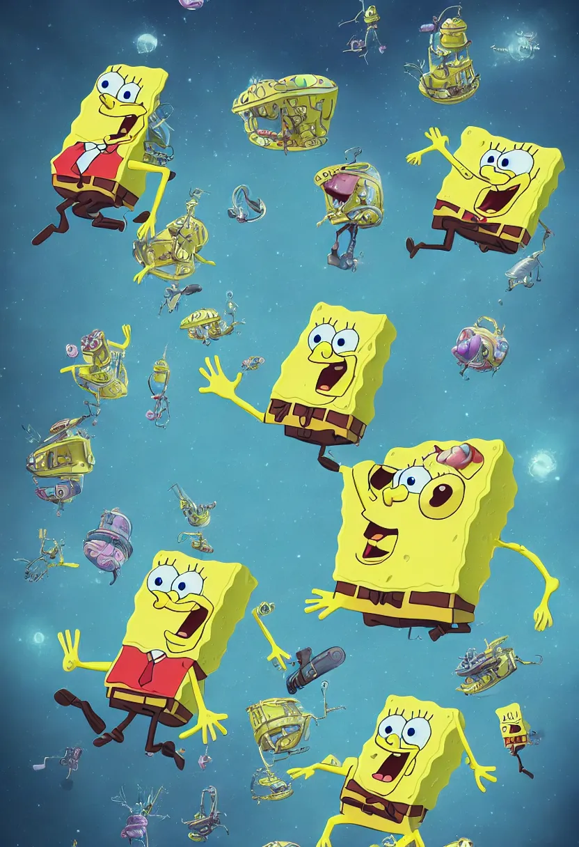 Prompt: a beautiful and highly detailed illustration of spongebob squarepants learning to fly in an alien spaceship cover of rolling stone magazine | cgsociety, trending on artstation | octane, unreal engine :. 4 | fantasy art :. 3