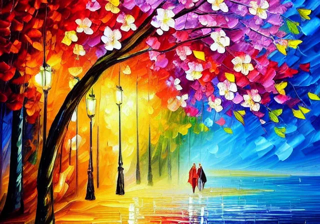 Prompt: a beautiful cherry blossom Japanese tree, oil painting by Leonid Afremov