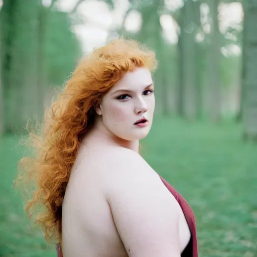 Image similar to brooke ashling, a curvy, radiant, bubbly, 2 5 - year - old canadian plus - size model, long strawberry - blond hair, creamy skin, portrait, 8 5 mm canon f 1. 2 lens, inspired by diane arbus