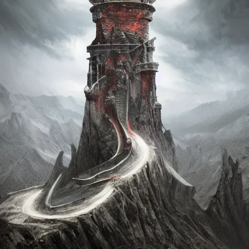 Image similar to A wizard's tower in a stormy mountain, symmetrical, intense, details, award winning, trending on ArtStation, no blur, volumetric lighting, dynamic scene, by Francisco Vaquero and Andrew Bosley