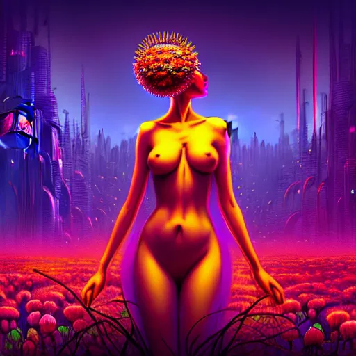 Image similar to Beautiful 3d render of the flower queen in a sensual pose, in the style of Dan Mumford and Johfra Bosschart, with a crowded futuristic cyberpunk city in the background, astrophotgraphy