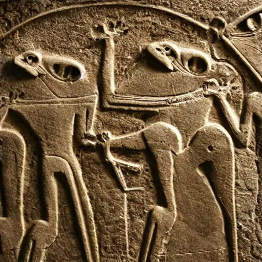 Image similar to ancient hieroglyphic relief of a group of frogs, 40mm lens, shallow depth of field, split lighting