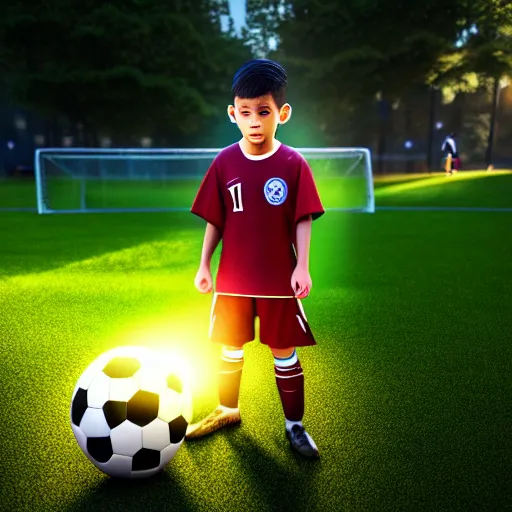 Image similar to a young boy wearing soccer clothes in the park ultra realistic, lens flare, atmosphere, glow, detailed, intricate, full of colour, cinematic lighting, trending on artstation, 4 k, hyperrealistic, focused, extreme details, unreal engine 5, cinematic, masterpiece, ultra realistic, hyper realistic, highly detailed, sharp focus, digital art