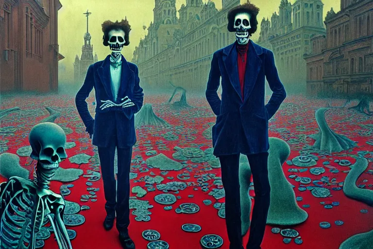 Image similar to realistic detailed photorealistic film portrait shot of a single skeleton wearing crimson velvet blazer in a crowded futuristic moscow street by Denis Villeneuve, Amano, Yves Tanguy, Alphonse Mucha, Ernst Haeckel, Andrei Tarkovsky, Edward Robert Hughes, Roger Dean, rich moody colours, wide angle, blue eyes