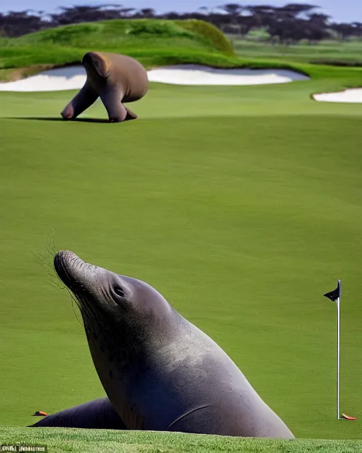 Image similar to A large adult male Elephant seal rearing up, blocking a golfer from the hole on a golf course green, photographed in the style of National Geographic photographer Paul Nicklen, Hyperreal