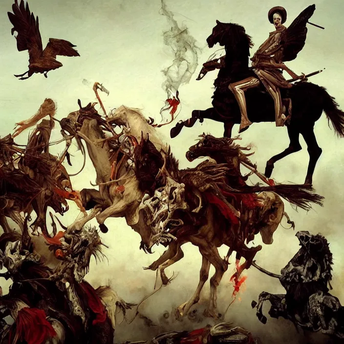 Image similar to horsemen of the apocalypse, bones, skulls, smoke, a flock of crows, snakes, smoke, flames, full-length, oil painting in a renaissance style , very detailed, red background, painted by Caravaggio, Greg rutkowski, Sachin Teng, Thomas Kindkade, Alphonse Mucha, Norman Rockwell, Tom Bagshaw.